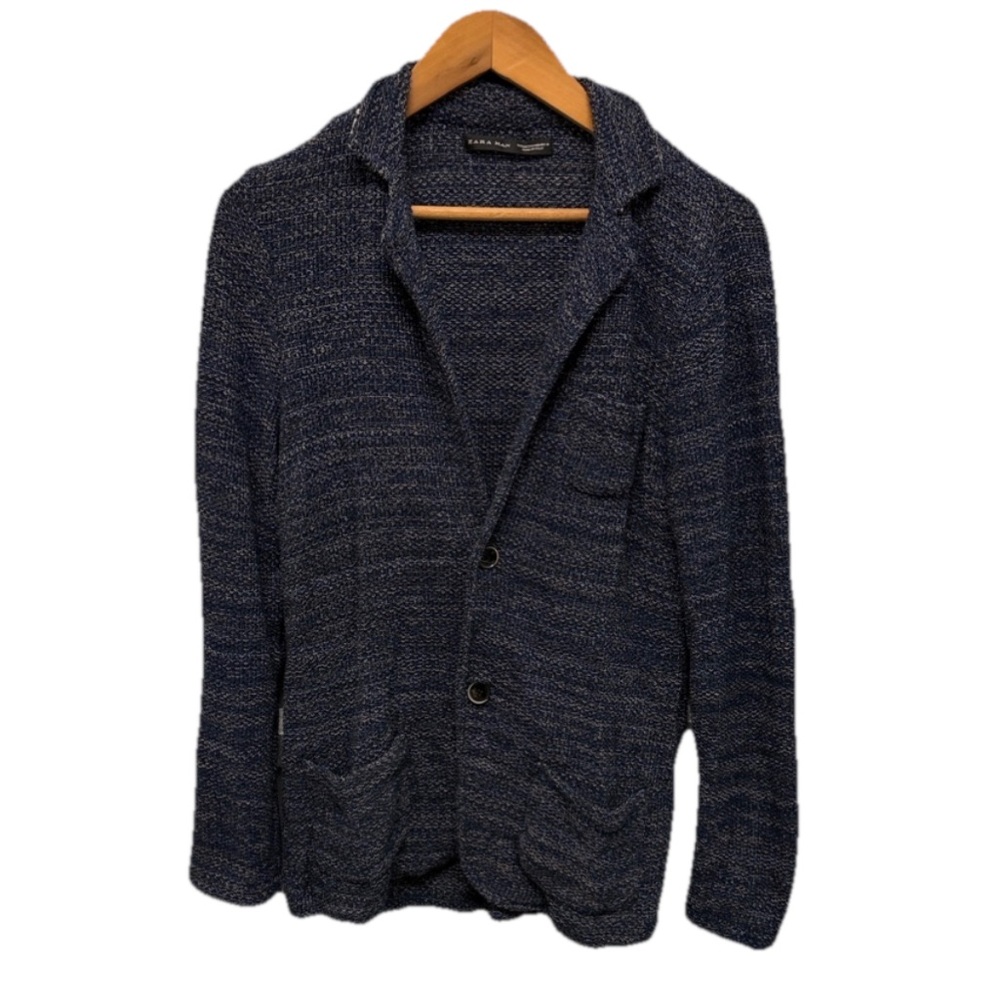 ZARA Mens Blue Aztec‎ Collared Knit Cardigan Sweater Pockets Preppy Academia Med
